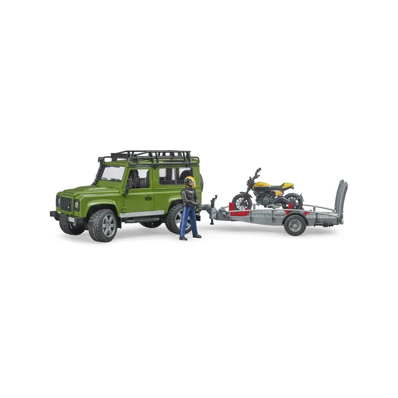 Bruder Land Rover Defender z przyczepą z motocyklem Ducati i figurką 02589