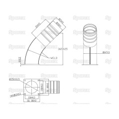 Kolano 45° z kołnierzem czworokątnym i tuleją do węża ocynk 6'' (150mm) x (150mm) (galvanizado) 