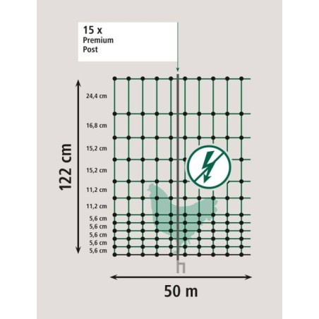 Siatka elektryczna dla drobiu Premium, 50 m, 122 cm, podw. szpic, zielony, Kerbl