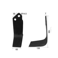 Nóż do glebogryzarki Kwadrat lewa 65x7mm Wysokość: 185mm. odległość pomiedzy otworami: 35mm. Otwór Ø: 14.5mm. Zastę... 