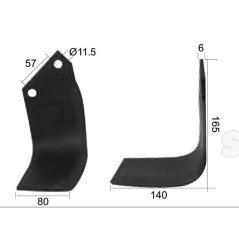 Nóż do glebogryzarki Kwadrat lewa 80x6mm Wysokość: 165mm. odległość pomiedzy otworami: 57mm. Otwór Ø: 11.5mm. Zastę... 