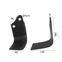 Nóż do glebogryzarki Kwadrat lewa 80x6mm Wysokość: 180mm. odległość pomiedzy otworami: 56mm. Otwór Ø: 14.5mm. Zastę... 