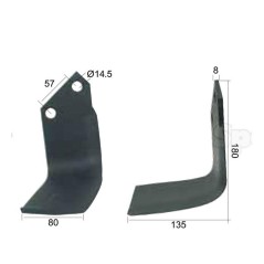 Nóż do glebogryzarki Kwadrat lewa 80x8mm Wysokość: 180mm. odległość pomiedzy otworami: 57mm. Otwór Ø: 14.5mm. Zastę... 