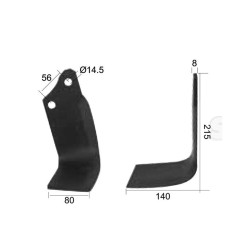 Nóż do glebogryzarki Kwadrat lewa 80x8mm Wysokość: 215mm. odległość pomiedzy otworami: 56mm. Otwór Ø: 14.5mm. Zastę... 