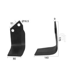 Nóż do glebogryzarki Kwadrat lewa 80x9mm Wysokość: 175mm. odległość pomiedzy otworami: 51mm. Otwór Ø: 16.5mm. Zastę... 