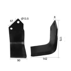 Nóż do glebogryzarki Kwadrat lewa 90x8mm Wysokość: 175mm. odległość pomiedzy otworami: 57mm. Otwór Ø: 13.5mm. Zastę... 