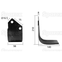 Nóż do glebogryzarki Kwadrat lewa 98x8mm Wysokość: 210mm. odległość pomiedzy otworami: 75mm. Otwór Ø: 16.5mm. Zastę... 