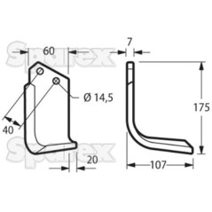 Nóż do glebogryzarki Kwadrat prawa strona 60x7mm Wysokość: 175mm. odległość pomiedzy otworami: 40mm. Otwór Ø: 14.5mm... 