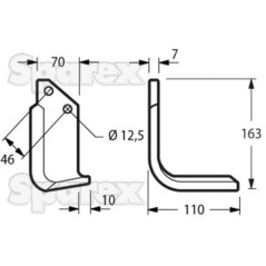 Nóż do glebogryzarki Kwadrat prawa strona 70x7mm Wysokość: 163mm. odległość pomiedzy otworami: 46mm. Otwór Ø: 12.5mm... 