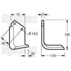 Nóż do glebogryzarki Kwadrat prawa strona 70x7mm Wysokość: 180mm. odległość pomiedzy otworami: 50mm. Otwór Ø: 14.5mm...