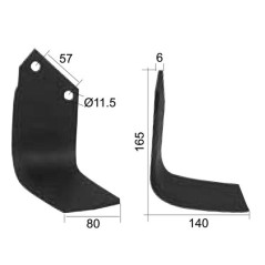 Nóż do glebogryzarki Kwadrat prawa strona 80x6mm Wysokość: 165mm. odległość pomiedzy otworami: 57mm. Otwór Ø: 11.5mm... 