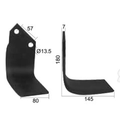 Nóż do glebogryzarki Kwadrat prawa strona 80x7mm Wysokość: 180mm. odległość pomiedzy otworami: 57mm. Otwór Ø: 13.5mm... 