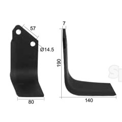 Nóż do glebogryzarki Kwadrat prawa strona 80x7mm Wysokość: 190mm. odległość pomiedzy otworami: 57mm. Otwór Ø: 14.5mm... 