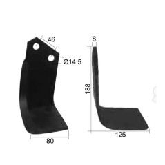 Nóż do glebogryzarki Kwadrat prawa strona 80x8mm Wysokość: 188mm. odległość pomiedzy otworami: 46mm. Otwór Ø: 14.5mm... 