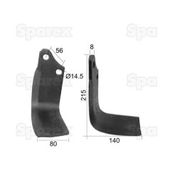 Nóż do glebogryzarki Kwadrat prawa strona 80x8mm Wysokość: 215mm. odległość pomiedzy otworami: 56mm. Otwór Ø: 14.5mm... 