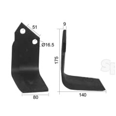 Nóż do glebogryzarki Kwadrat prawa strona 80x9mm Wysokość: 175mm. odległość pomiedzy otworami: 51mm. Otwór Ø: 16.5mm... 