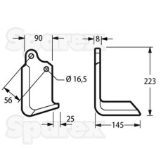 Nóż do glebogryzarki Kwadrat prawa strona 90x8mm Wysokość: 223mm. odległość pomiedzy otworami: 56mm. Otwór Ø: 16.5mm... 