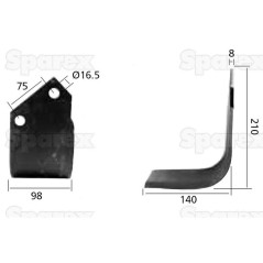 Nóż do glebogryzarki Kwadrat prawa strona 98x8mm Wysokość: 210mm. odległość pomiedzy otworami: 75mm. Otwór Ø: 16.5mm... 