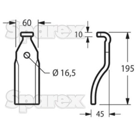 Nóż do glebogryzarki Prosta - 60x10mm Wysokość: 195mm. odległość pomiedzy otworami: Otwór Ø: 16.5mm. Zastępuje Pego...