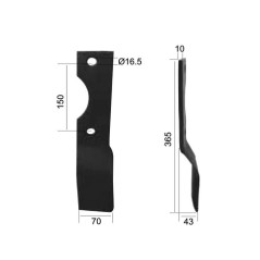 Nóż do glebogryzarki Skręcony prawa strona 70x10mm Wysokość: 365mm. odległość pomiedzy otworami: 150mm. Otwór Ø: 16... 