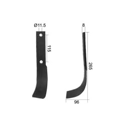 Nóż do glebogryzarki Zakrzywiony lewa 40x8mm Wysokość: 265mm. odległość pomiedzy otworami: 115mm. Otwór Ø: 11.5mm. Z... 