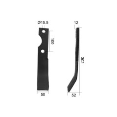 Nóż do glebogryzarki Zakrzywiony lewa 50x12mm Wysokość: 302mm. odległość pomiedzy otworami: 100mm. Otwór Ø: 15.5mm. ... 