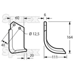 Nóż do glebogryzarki Zakrzywiony prawa strona 60x6mm Wysokość: 164mm. odległość pomiedzy otworami: 40mm. Otwór Ø: 12... 