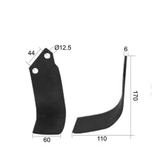 Nóż do glebogryzarki Zakrzywiony lewa 60x6mm Wysokość: 170mm. odległość pomiedzy otworami: 44mm. Otwór Ø: 12.5mm. Za... 