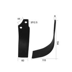 Nóż do glebogryzarki Zakrzywiony lewa 60x6mm Wysokość: 194mm. odległość pomiedzy otworami: 44mm. Otwór Ø: 12.5mm. Za... 