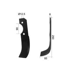 Nóż do glebogryzarki Zakrzywiony lewa 60x6mm Wysokość: 290mm. odległość pomiedzy otworami: 90mm. Otwór Ø: 12.5mm. Za... 