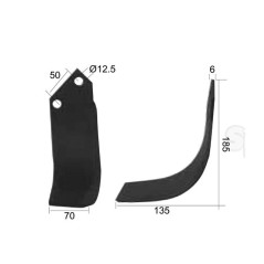 Nóż do glebogryzarki Zakrzywiony lewa 70x6mm Wysokość: 185mm. odległość pomiedzy otworami: 50mm. Otwór Ø: 12.5mm. Za... 