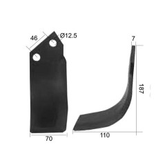 Nóż do glebogryzarki Zakrzywiony lewa 70x7mm Wysokość: 187mm. odległość pomiedzy otworami: 46mm. Otwór Ø: 12.5mm. Za... 