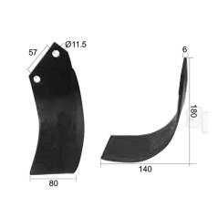 Nóż do glebogryzarki Zakrzywiony lewa 80x6mm Wysokość: 180mm. odległość pomiedzy otworami: 57mm. Otwór Ø: 11.5mm. Za... 