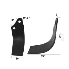 Nóż do glebogryzarki Zakrzywiony lewa 80x6mm Wysokość: 192mm. odległość pomiedzy otworami: 56mm. Otwór Ø: 14.5mm. Za... 