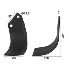 Nóż do glebogryzarki Zakrzywiony lewa 80x7mm Wysokość: 205mm. odległość pomiedzy otworami: 57mm. Otwór Ø: 13.5mm. Za... 