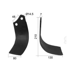 Nóż do glebogryzarki Zakrzywiony lewa 80x7mm Wysokość: 210mm. odległość pomiedzy otworami: 48mm. Otwór Ø: 14.5mm. Za... 