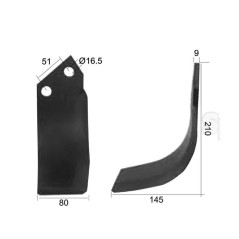 Nóż do glebogryzarki Zakrzywiony lewa 80x9mm Wysokość: 210mm. odległość pomiedzy otworami: 51mm. Otwór Ø: 16.5mm. Za... 