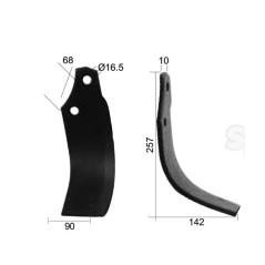 Nóż do glebogryzarki Zakrzywiony lewa 90x10mm Wysokość: 257mm. odległość pomiedzy otworami: 68mm. Otwór Ø: 16.5mm. Z... 