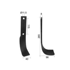 Nóż do glebogryzarki Zakrzywiony prawa strona 40x8mm Wysokość: 265mm. odległość pomiedzy otworami: 115mm. Otwór Ø: 1... 