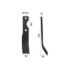 Nóż do glebogryzarki Zakrzywiony prawa strona 50x12mm Wysokość: 302mm. odległość pomiedzy otworami: 100mm. Otwór Ø: ... 