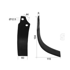 Nóż do glebogryzarki Zakrzywiony prawa strona 60x6mm Wysokość: 194mm. odległość pomiedzy otworami: 44mm. Otwór Ø: 12... 