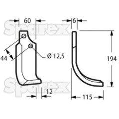 Nóż do glebogryzarki Zakrzywiony prawa strona 60x6mm Wysokość: 194mm. odległość pomiedzy otworami: 44mm. Otwór Ø: 12... 