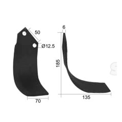 Nóż do glebogryzarki Zakrzywiony prawa strona 70x6mm Wysokość: 185mm. odległość pomiedzy otworami: 50mm. Otwór Ø: 12... 