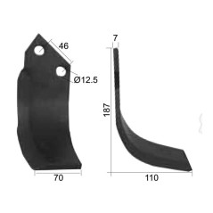 Nóż do glebogryzarki Zakrzywiony prawa strona 70x7mm Wysokość: 187mm. odległość pomiedzy otworami: 46mm. Otwór Ø: 12... 