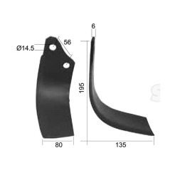 Nóż do glebogryzarki Zakrzywiony prawa strona 80x6mm Wysokość: 195mm. odległość pomiedzy otworami: 56mm. Otwór Ø: 14... 