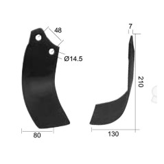 Nóż do glebogryzarki Zakrzywiony prawa strona 80x7mm Wysokość: 210mm. odległość pomiedzy otworami: 48mm. Otwór Ø: 14... 