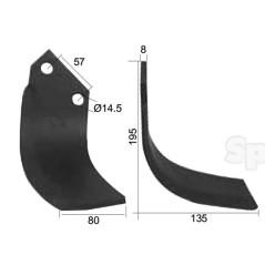 Nóż do glebogryzarki Zakrzywiony prawa strona 80x8mm Wysokość: 195mm. odległość pomiedzy otworami: 57mm. Otwór Ø: 14... 