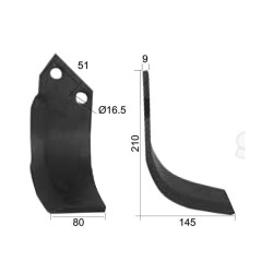 Nóż do glebogryzarki Zakrzywiony prawa strona 80x9mm Wysokość: 210mm. odległość pomiedzy otworami: 51mm. Otwór Ø: 16... 