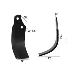 Nóż do glebogryzarki Zakrzywiony prawa strona 90x10mm Wysokość: 257mm. odległość pomiedzy otworami: 68mm. Otwór Ø: 1... 