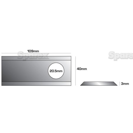 Nożyk - Płaskie ostrze, górna krawędź ostra - 109 x 40x3mm - Otwór Ø20.5mm - Lewa/Prawa - Zastępuje Taarup Zastępuje: 58.372.000